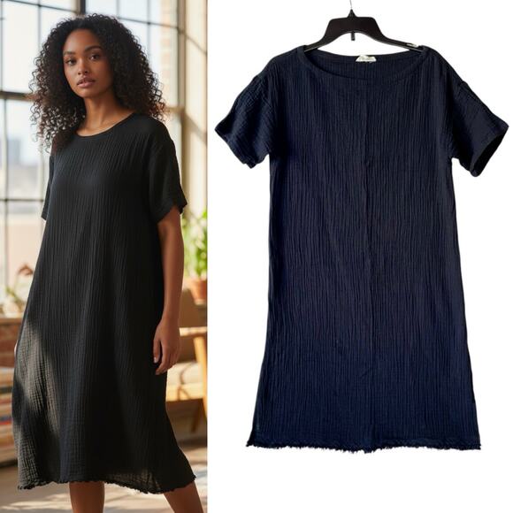 Eileen Fisher Dresses & Skirts - Eileen Fisher Slub Dress Gauze Fringe Lagenlook Organic